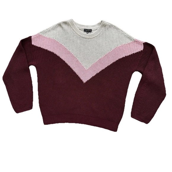 1. STATE Chucky Sweater Colorblock Chevron Knit Crewneck SZ M Burgundy Pink Gray - Picture 7 of 7